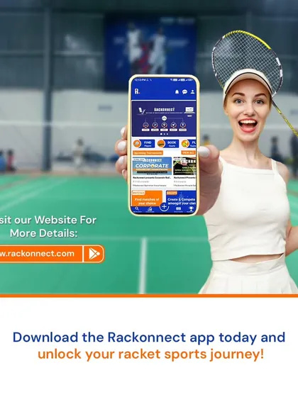A player showcasing the Rackonnect app on her phone inside a court. Our app is your key to unlocking your entire racket sports journey, from finding a court to joining a national tournament.