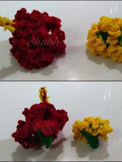 You can even crochet realistic-looking flowers. This image shows a red hibiscus and a yellow marigold, both crafted with yarn. These are perfect for making torans, hair clips, or other decorations.