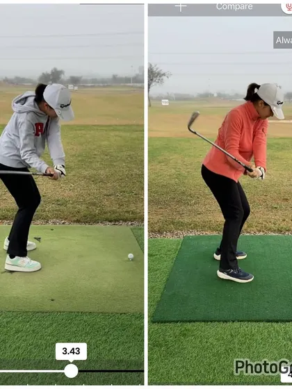 The takeaway improvement. By keeping the club more in front of the body, we've set up a better swing plane.