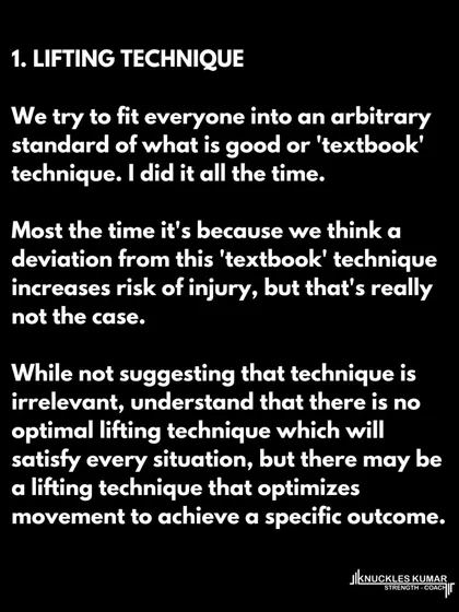 My view on lifting technique has evolved. There is no single 'textbook' technique. Instead, we find the optimal technique for you to achieve a specific outcome, with the primary focus on managing load correctly.