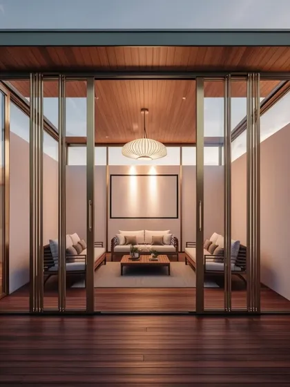 A modern, minimalist glasshouse at dusk. The warm interior lighting and sleek frame create an inviting and sophisticated space, perfect for an evening of relaxation.