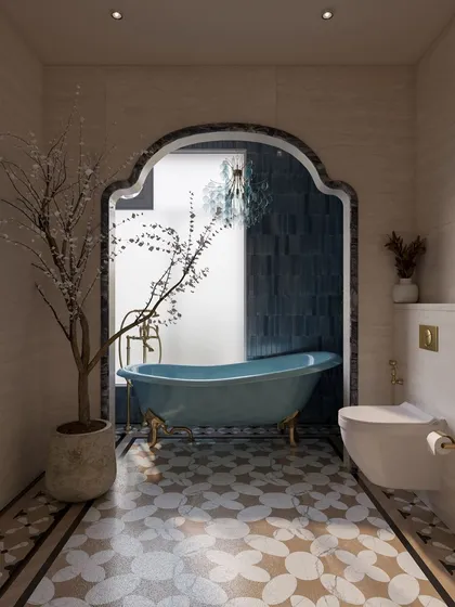 This bathroom is a luxurious retreat, with a stunning archway framing the powder blue clawfoot tub. The Moroccan-inspired floor tiles and a potted cherry blossom tree complete the serene, spa-like ambiance.