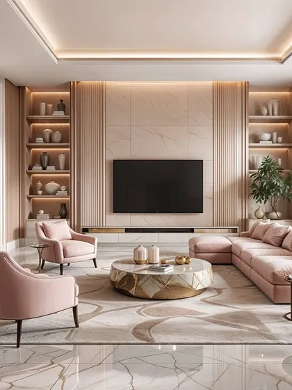 A Sakura-inspired living room concept. Gentle pink tones, flowing natural light, and luxurious textures create a space that is romantic and serene.