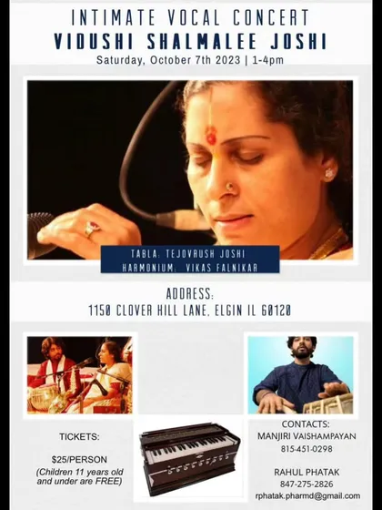 Poster for an intimate vocal concert with Vidushi Shalmalee Joshi in Elgin, Illinois.