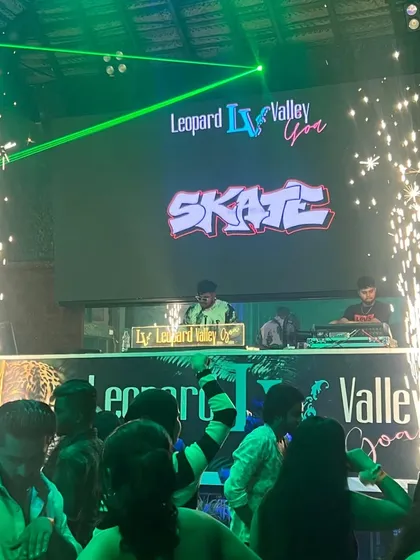 Lighting up the stage at Leopard Valley, Goa, with cold pyro sparklers. My sets in Goa often feature big visual effects to match the open-air venue's scale.