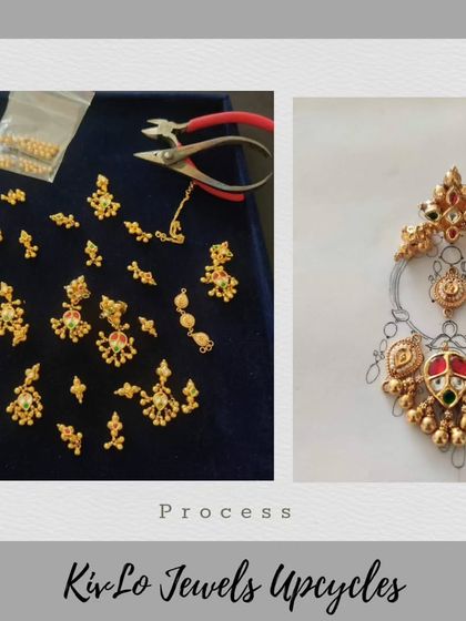 A look at the meticulous process of upcycling. The small, individual components of the original necklace are laid out, and the new earring design begins to take shape.