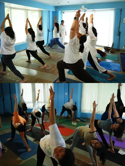 Students moving in sync during a Hatha yoga class. Our bright, airy studio provides the perfect backdrop for finding focus and flow.