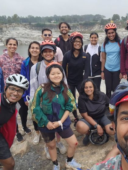 A selfie of the group at a scenic quarry lake. The smiles say it all. Join us for a fun weekend ride!