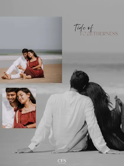A collage that focuses on the quiet, intimate moments of a beach shoot, with a mix of close-ups and wider shots.