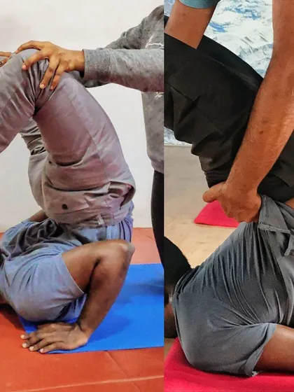 This shows my own progress in Vrischikasana (Scorpion Pose) over eleven months. The journey of recovery is not linear; it requires patience and trust in the process, a lesson I bring into every session with my students.