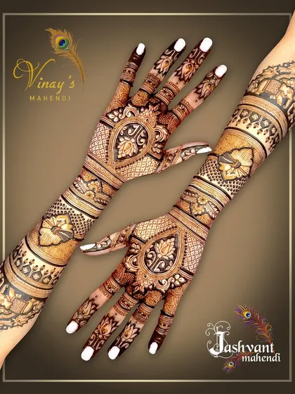 A complete view of a bridal back-hand design, showing how the patterns flow from the fingertips all the way up the arm.