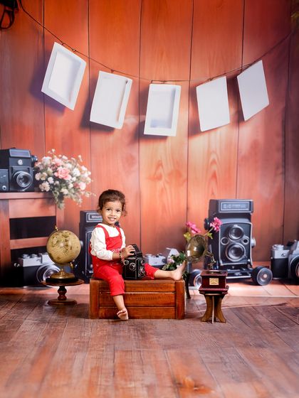 Tiny hands, vintage plans, and endless charm. The "Little Shutterbug" theme is perfect for a family of photographers, featuring vintage cameras and a rustic wood backdrop.