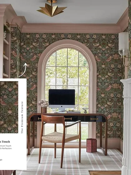 A premium touch for a classic interior. This study is wrapped in a beautiful, traditional floral wallpaper, with an arched window framing the view. The design adds a layer of timeless sophistication and warmth.
