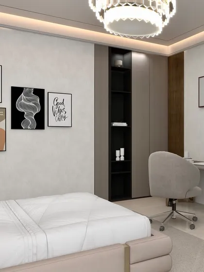 Another perspective of the kids' room, showing how built in shelving and a neutral backdrop allow for personalization through art while keeping the space organized and calm.