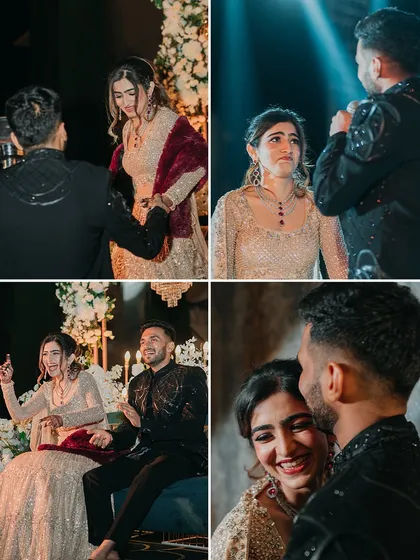 A collage of emotional and happy moments from the Sangeet, from a surprise proposal on stage to shared laughter.