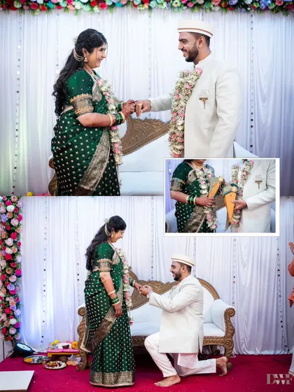 The proposal during a traditional engagement ceremony. This collage captures the groom getting down on one knee to put the ring on his bride's finger.