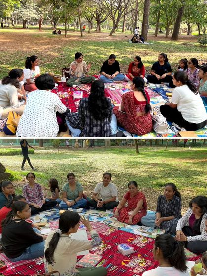 Two shots of our group gathered in a circle, engaged in conversation and learning. These sessions are designed to be interactive, fostering a sense of community among attendees.