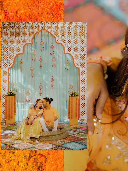 A sweet portrait of the couple during their Haldi ceremony in Orchha. The colorful, traditional decor and their happy expressions make this a cherished memory.
