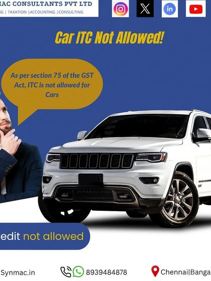 A common point of confusion for business owners. This visual clarifies that Input Tax Credit is generally not allowed on cars purchased for regular business use, as per section 75 of the GST Act.