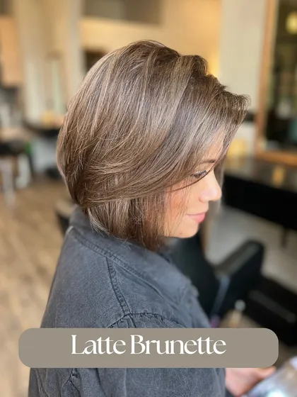 A Latte Brunette is the perfect cool-toned brown. This color was achieved on a chic bob, giving it a modern and sophisticated feel.