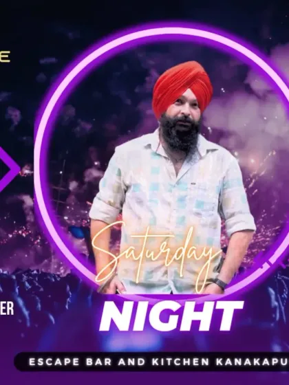 A Saturday night event poster for Escape Bar and Kitchen, featuring me against a backdrop of an energetic crowd, setting the expectation for the night.