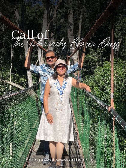 The Call of the Pharaohs Blazer Dress, a comfortable and confident piece for any journey. This linen dress is a client favorite for its unique style and easy wearability.