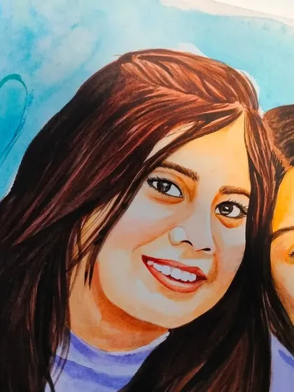A close-up on the faces of the two sisters, showing the details in their expressions and hair, all painted with watercolors.