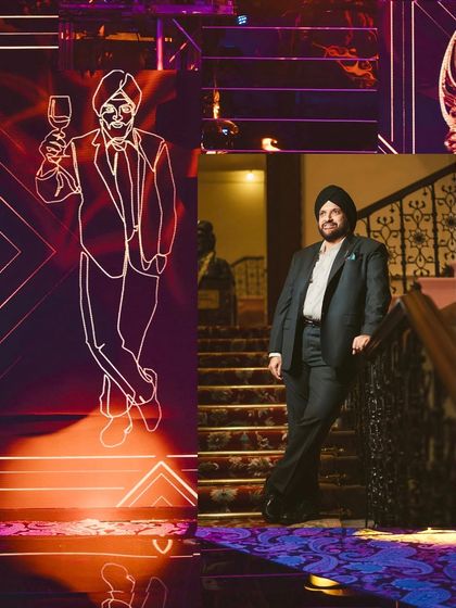 The birthday man himself, posing next to a custom neon-light caricature. We love adding these personalized, artistic touches to make our clients feel celebrated.