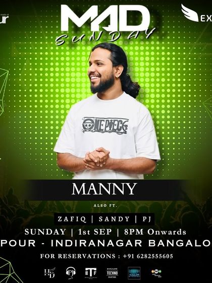 A green themed "Mad Sunday" poster for Vapour, featuring DJ Manny.