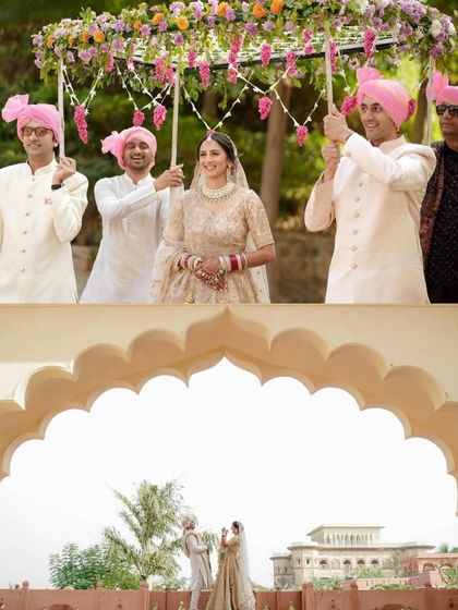 A collage showing the bride's entrance under the phoolon ki chadar. Her hairstyle is an integral part of this iconic wedding moment.