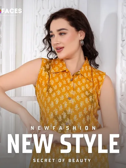 A model in a yellow printed top strikes a dynamic pose. This energetic shot is great for social media content that aims to be eye-catching and engaging.