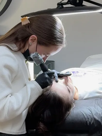I take great care during every permanent makeup session. This is a close look at the meticulous process of lip blushing, where I use precise techniques and high quality mineral pigments to ensure a safe and beautiful outcome in our clean, professional studio.