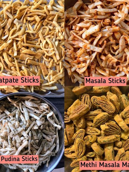 A quartet of my savory stick snacks: Chatpate Sticks, Masala Sticks, Pudina Sticks, and Methi Masala Mathri. Each has a unique and delicious flavor.
