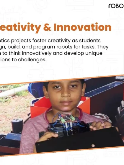 A student proudly holds a robot he designed and built. Our projects foster creativity and innovation, as students learn to develop unique solutions to various challenges.