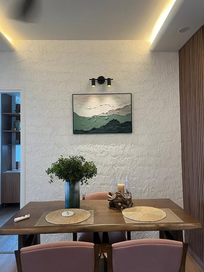 Another perspective of the installed textured artwork, showing how it interacts with the room's lighting and decor. The goal is always to create art that feels like it truly belongs in the space.