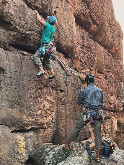 Meet Gopika, a human rights advocate who started climbing on her therapist's suggestion. Here she is leading a climb in Badami, looking strong and confident.