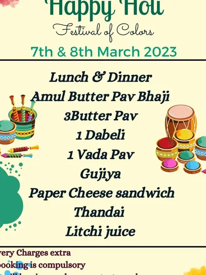 A detailed look at our Holi lunch and dinner menu. You can order items like Vada Pav, Paper Cheese Sandwich, and Litchi Juice individually or create a custom combo for your celebration.