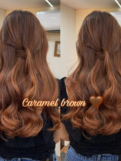 A gorgeous caramel brown global color, styled with a simple twist to show off the warm tones.
