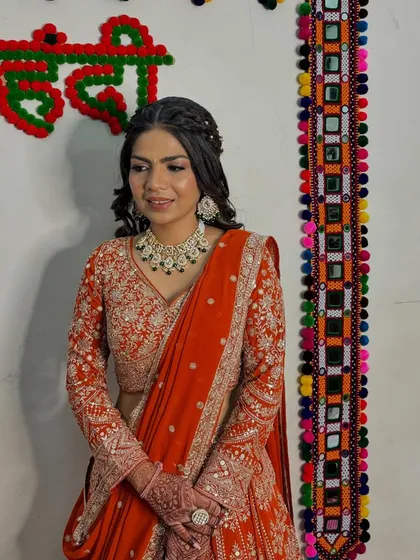 A beautiful portrait of our engagement bride, with her makeup and hair perfectly styled against the colorful, festive decor.