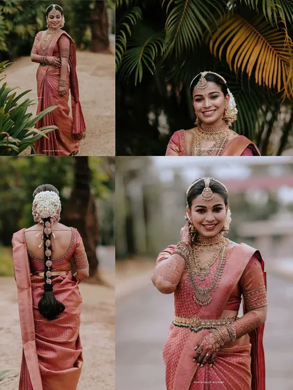 A collage of the bride's portraits, showing her beautiful saree, hairstyle, and radiant smiles.