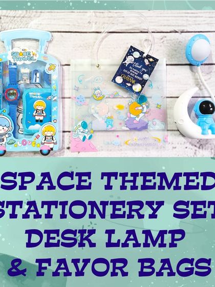 This space-themed gift hamper includes a trolley-shaped stationery set and a cool astronaut desk lamp, all packed in a clear favor bag.