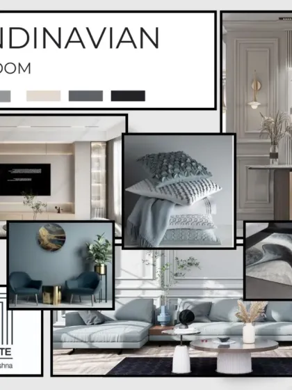 A Scandinavian living room mood board that blends minimalism and warmth, using soft neutrals, natural wood, and cozy textures for a serene, inviting space.