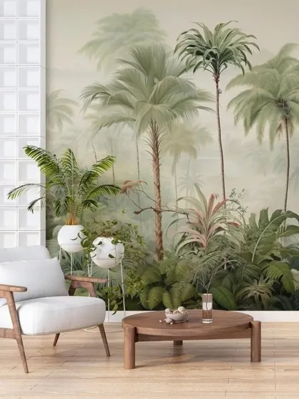 A soft and hazy tropical wallpaper with tall palm trees, creating a calm and serene atmosphere.