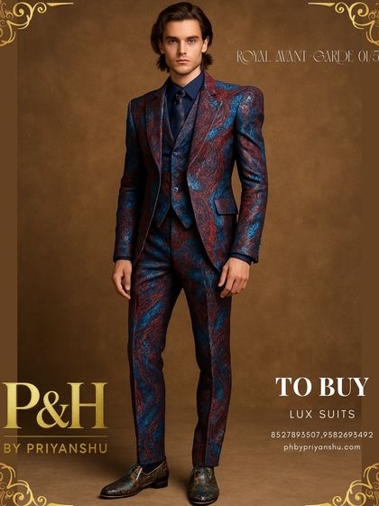 A futuristic take on formalwear, this three-piece suit features a mesmerizing red and blue textured pattern. The tailored fit and unique fabric make it a true work of wearable art.