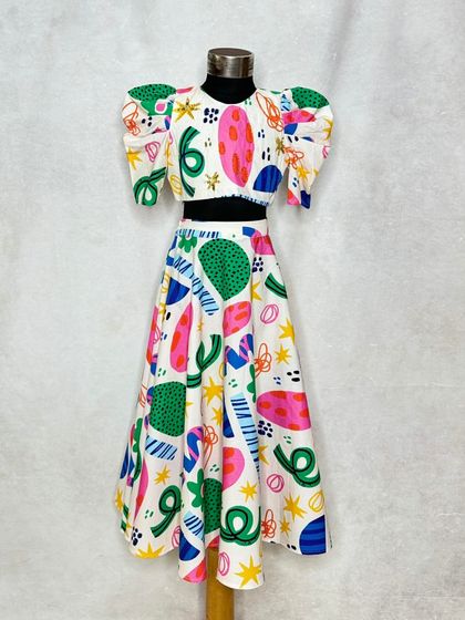 The full view of the fun shapes lehenga, a piece that is sure to make your little one smile.