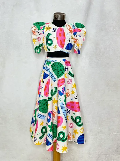 The full view of the fun shapes lehenga, a piece that is sure to make your little one smile.