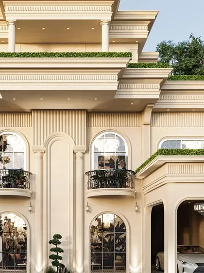 Showcasing my firm's versatility, this is a design for a residence in Rajasthan inspired by classical architecture. The facade is defined by its symmetry, arched windows, and ornate mouldings, proving our ability to adapt to diverse client tastes and regional styles while maintaining a high standard of design.