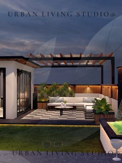 This render showcases a modern water feature next to the lounge area, adding the soothing sound of water to the terrace environment.