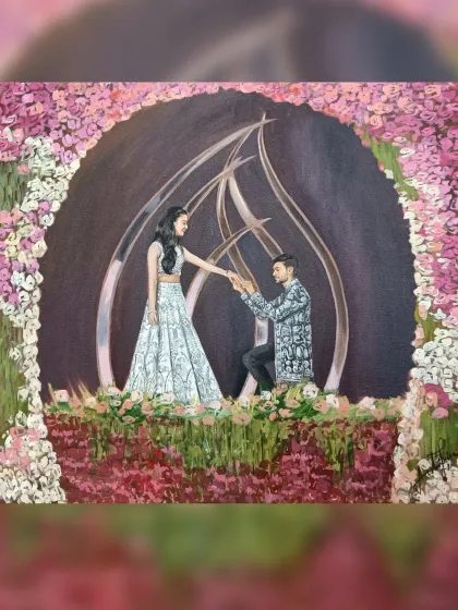 Capturing the exact moment of a proposal is incredibly special. This live painting was for an engagement party, immortalizing the 'yes' moment amidst a beautiful floral backdrop for the couple to cherish forever.