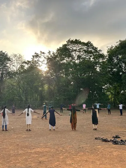 Participants at our Dandeli camp begin their day with morning exercises, a routine that builds discipline and prepares them for adventure.